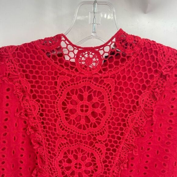 Shein Womens Blouse Top Eyelet Embroidered 100% Cotton Short Sleeve Red Small - Picture 10 of 13